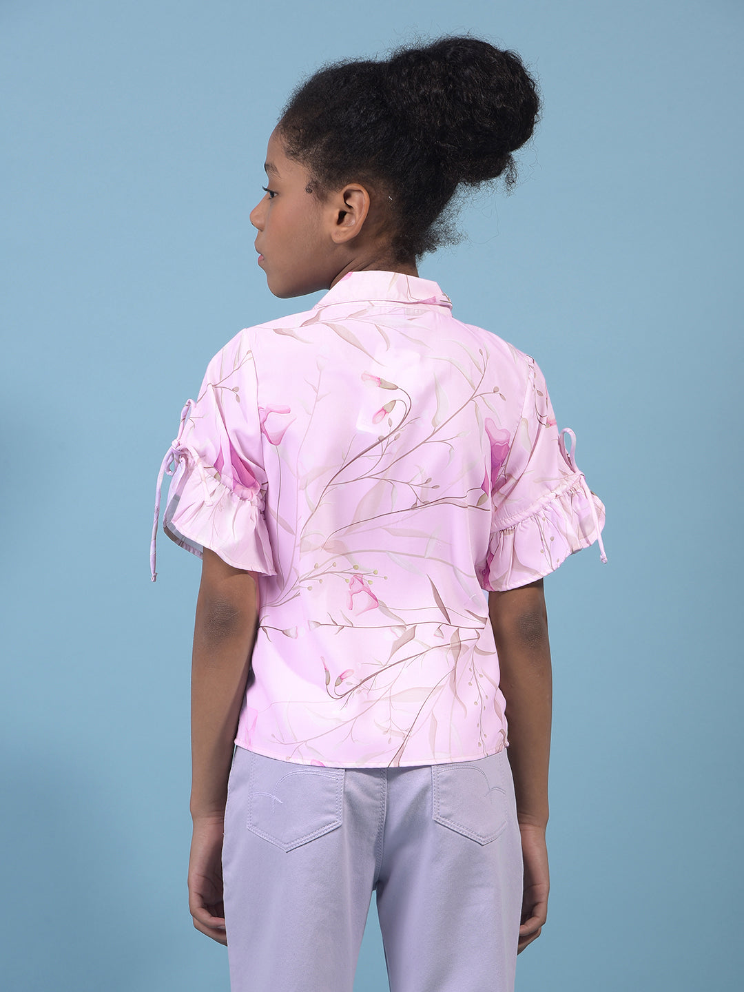 Girl's Purple Floral Print V-Neck Shirt-Girls Shirts-Crimsoune Club