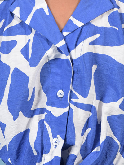 Girl's Blue Abstract Print Cropped Shirt-Girls Shirts-Crimsoune Club