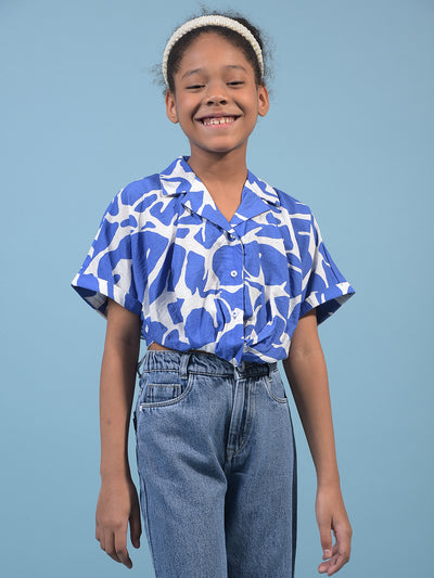 Girl's Blue Abstract Print Cropped Shirt-Girls Shirts-Crimsoune Club