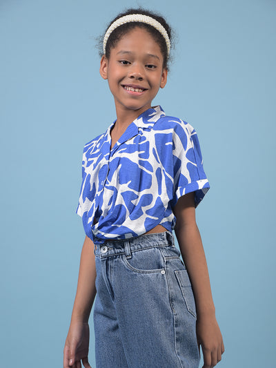 Girl's Blue Abstract Print Cropped Shirt-Girls Shirts-Crimsoune Club