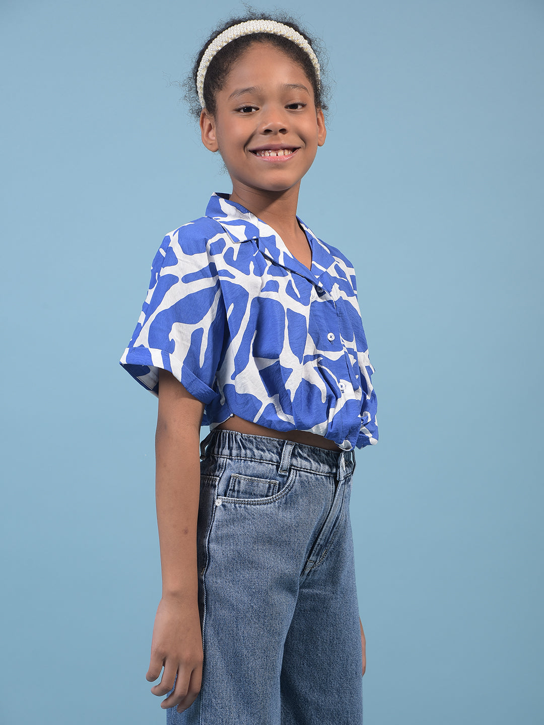 Girl's Blue Abstract Print Cropped Shirt-Girls Shirts-Crimsoune Club