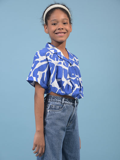 Girl's Blue Abstract Print Cropped Shirt-Girls Shirts-Crimsoune Club