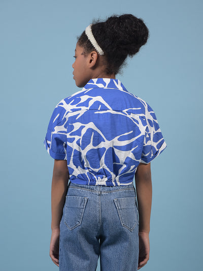 Girl's Blue Abstract Print Cropped Shirt-Girls Shirts-Crimsoune Club
