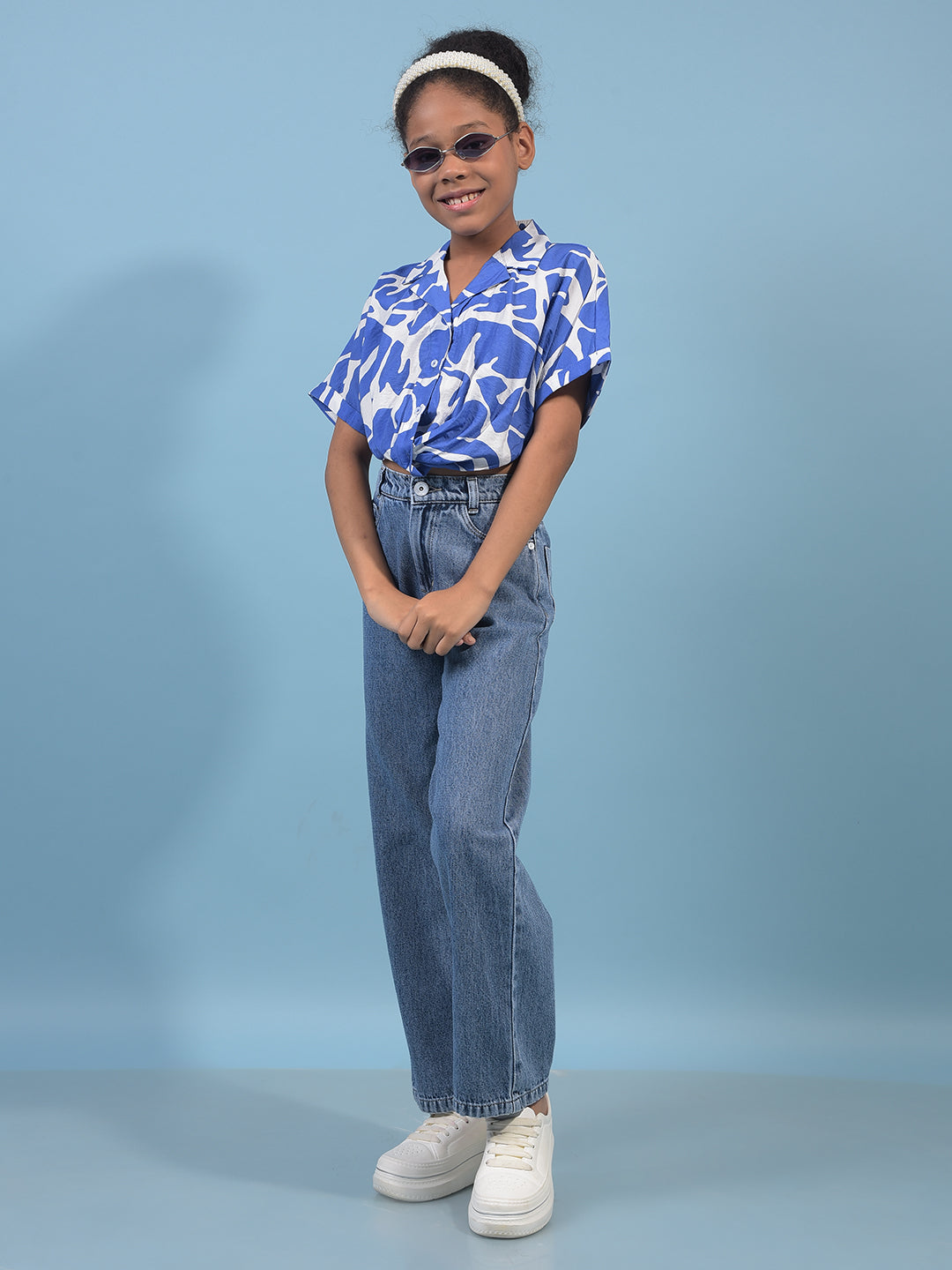 Girl's Blue Abstract Print Cropped Shirt-Girls Shirts-Crimsoune Club