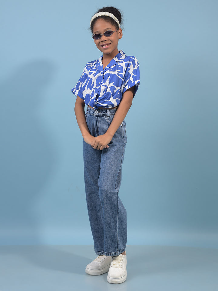 Girl's Blue Abstract Print Cropped Shirt-Girls Shirts-Crimsoune Club
