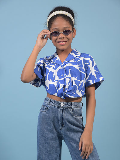 Girl's Blue Abstract Print Cropped Shirt-Girls Shirts-Crimsoune Club
