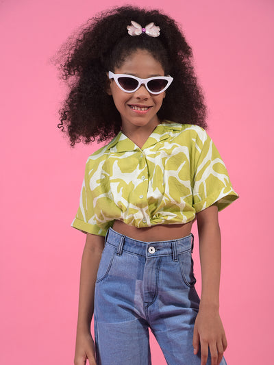 Girl's Olive Abstract Print Cropped Shirt-Girls Shirts-Crimsoune Club