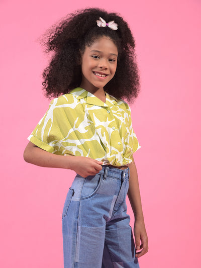 Girl's Olive Abstract Print Cropped Shirt-Girls Shirts-Crimsoune Club