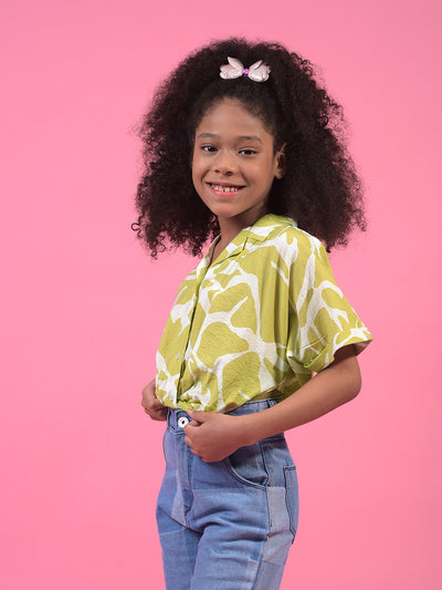 Girl's Olive Abstract Print Cropped Shirt-Girls Shirts-Crimsoune Club