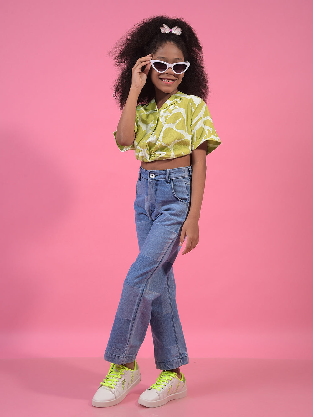 Girl's Olive Abstract Print Cropped Shirt-Girls Shirts-Crimsoune Club