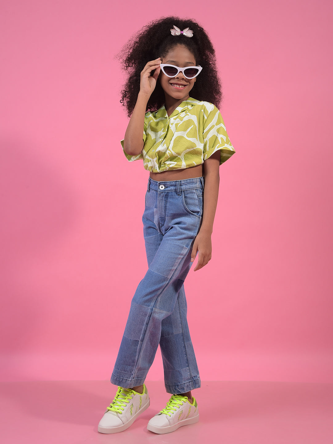 Girl's Olive Abstract Print Cropped Shirt-Girls Shirts-Crimsoune Club