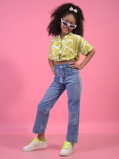 Girl's Olive Abstract Print Cropped Shirt-Girls Shirts-Crimsoune Club