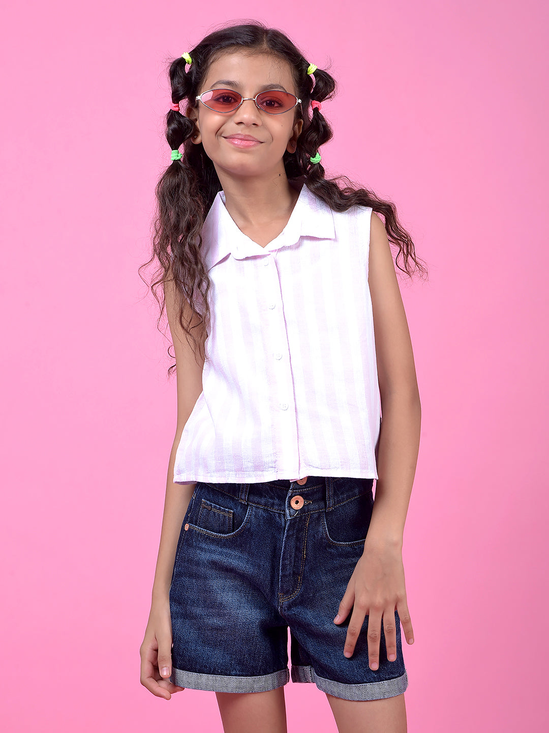 Pink Vertical Stripes Cropped Sleeveless Linen Shirt-Girls Shirts-Crimsoune Club