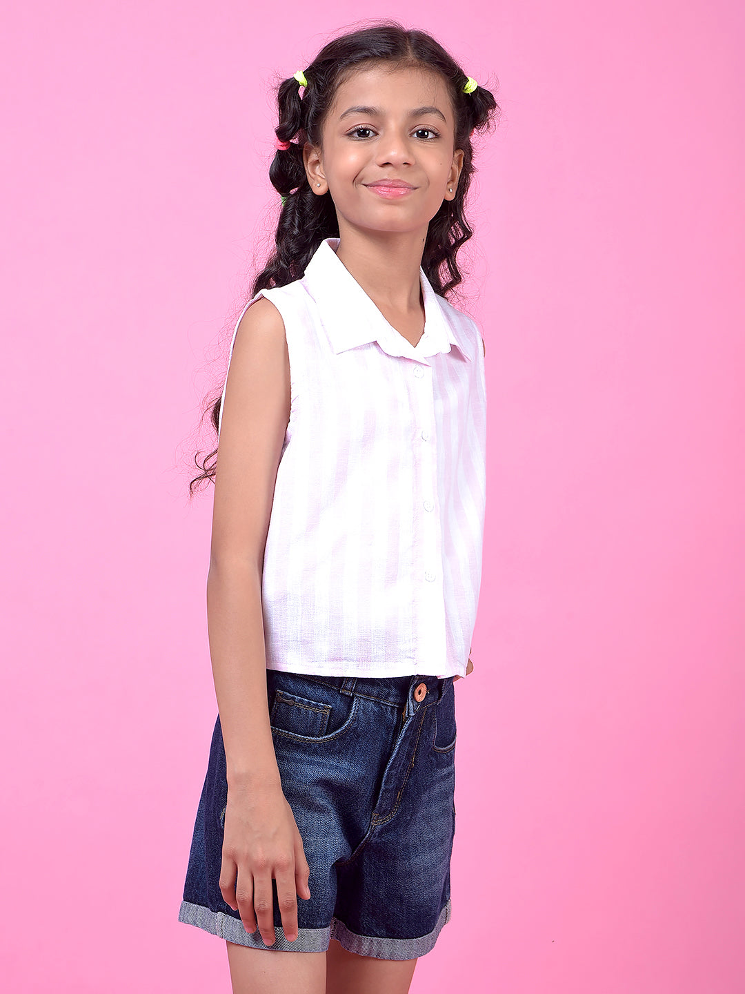 Pink Vertical Stripes Cropped Sleeveless Linen Shirt-Girls Shirts-Crimsoune Club