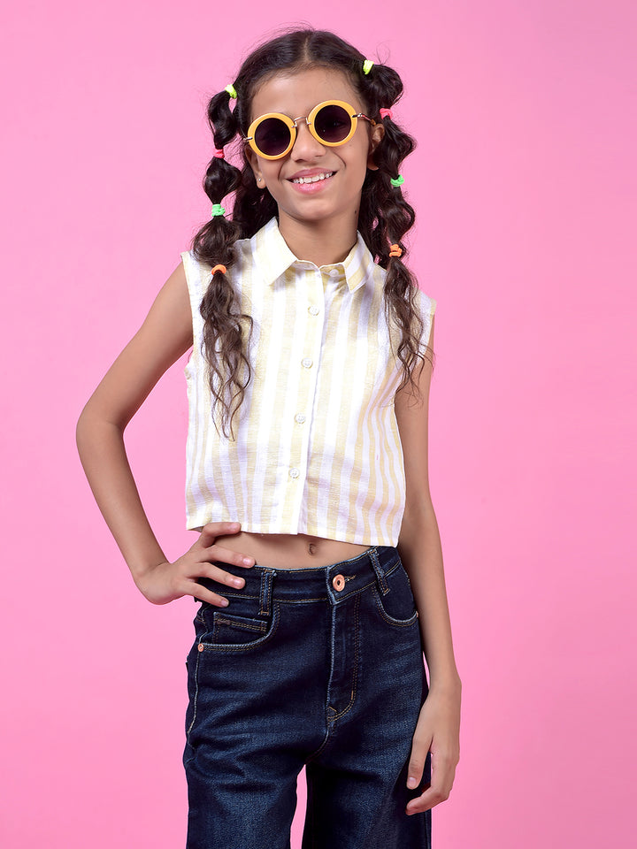 Yellow Vertical Stripes Cropped Sleeveless Linen Shirt-Girls Shirts-Crimsoune Club