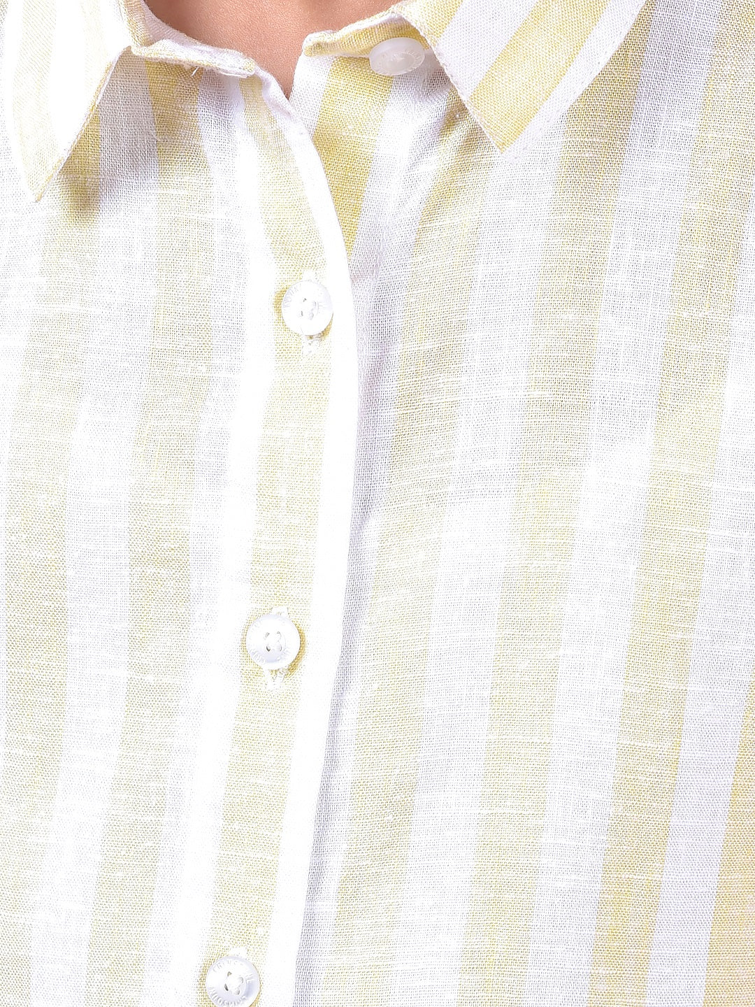 Yellow Vertical Stripes Cropped Sleeveless Linen Shirt-Girls Shirts-Crimsoune Club