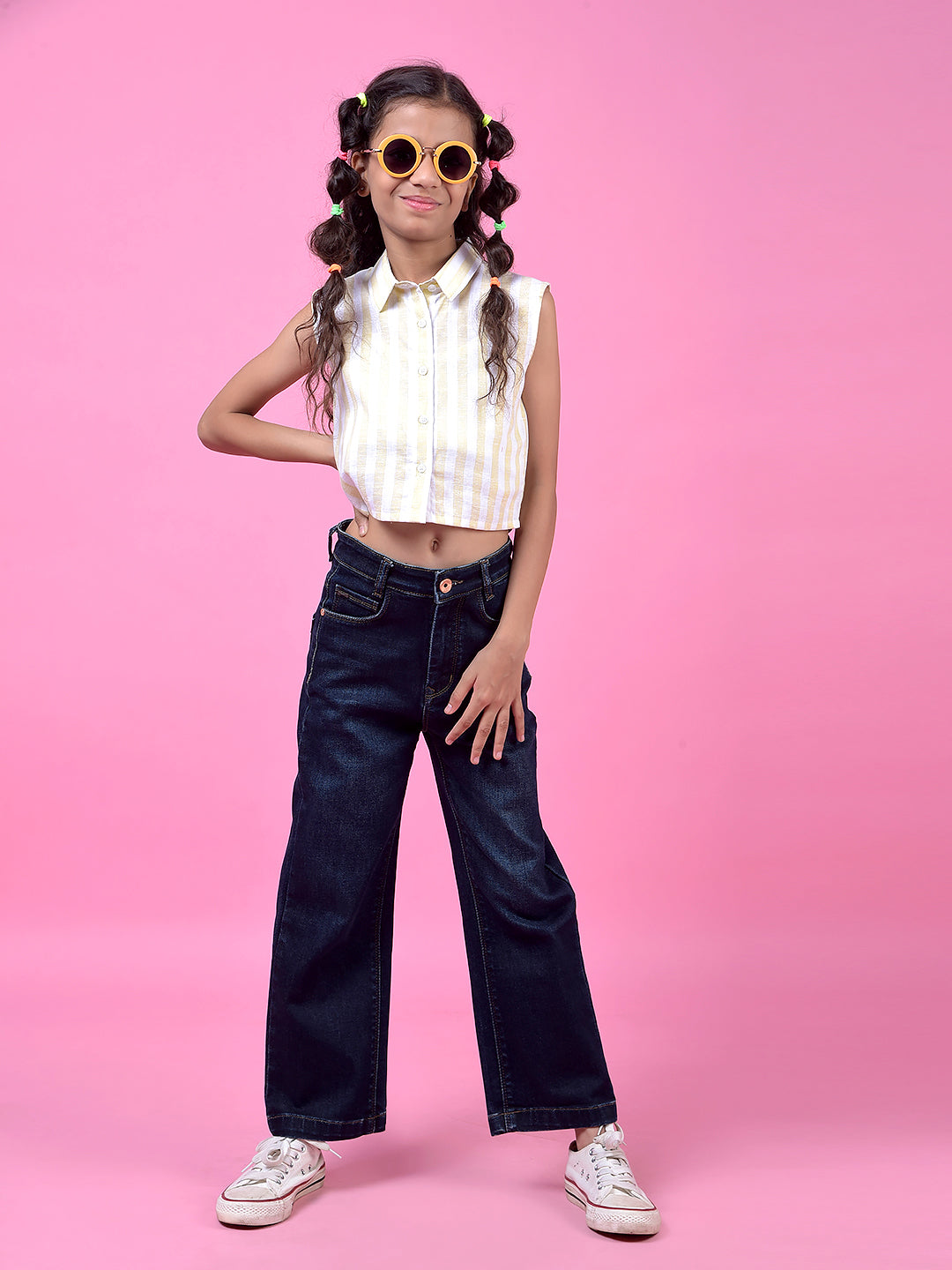 Yellow Vertical Stripes Cropped Sleeveless Linen Shirt-Girls Shirts-Crimsoune Club