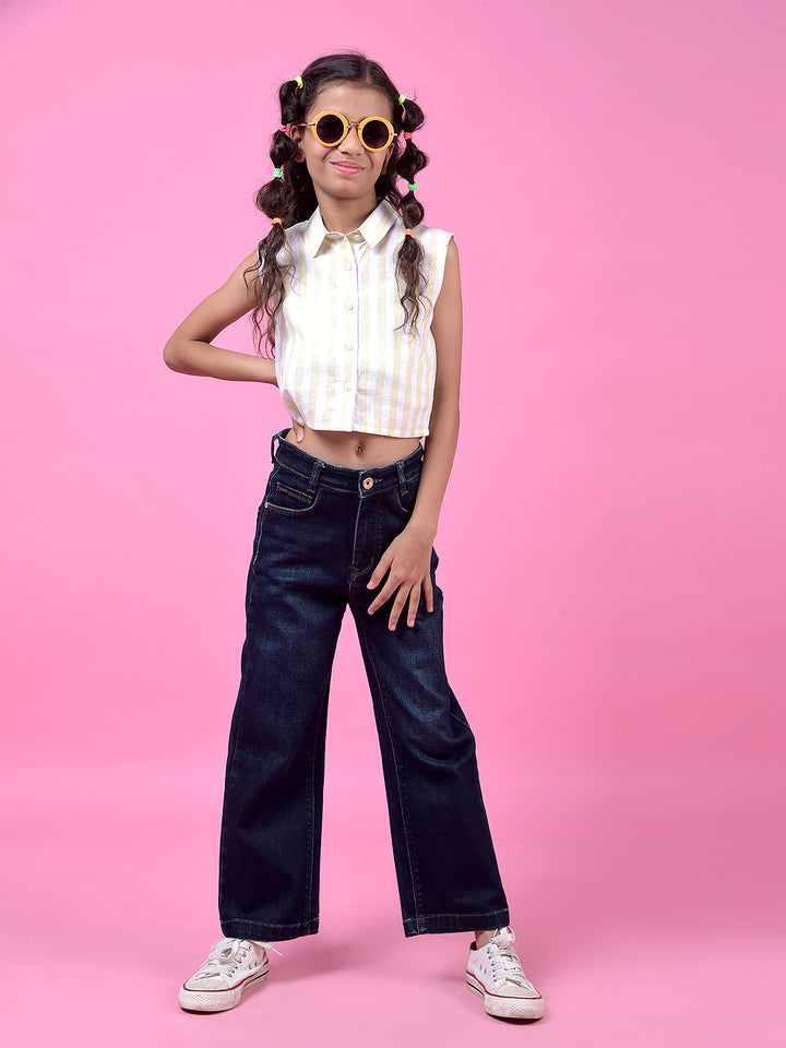 Yellow Vertical Stripes Cropped Sleeveless Linen Shirt-Girls Shirts-Crimsoune Club