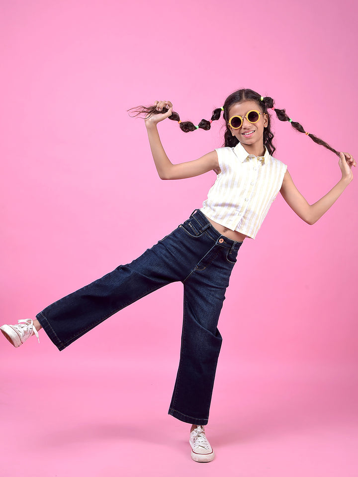 Yellow Vertical Stripes Cropped Sleeveless Linen Shirt-Girls Shirts-Crimsoune Club