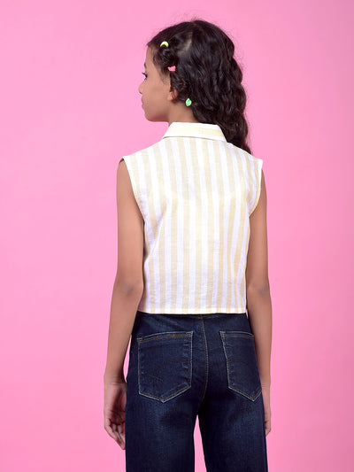 Yellow Vertical Stripes Cropped Sleeveless Linen Shirt-Girls Shirts-Crimsoune Club