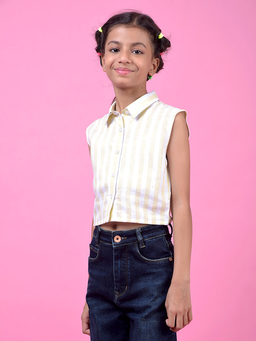 Yellow Vertical Stripes Cropped Sleeveless Linen Shirt-Girls Shirts-Crimsoune Club