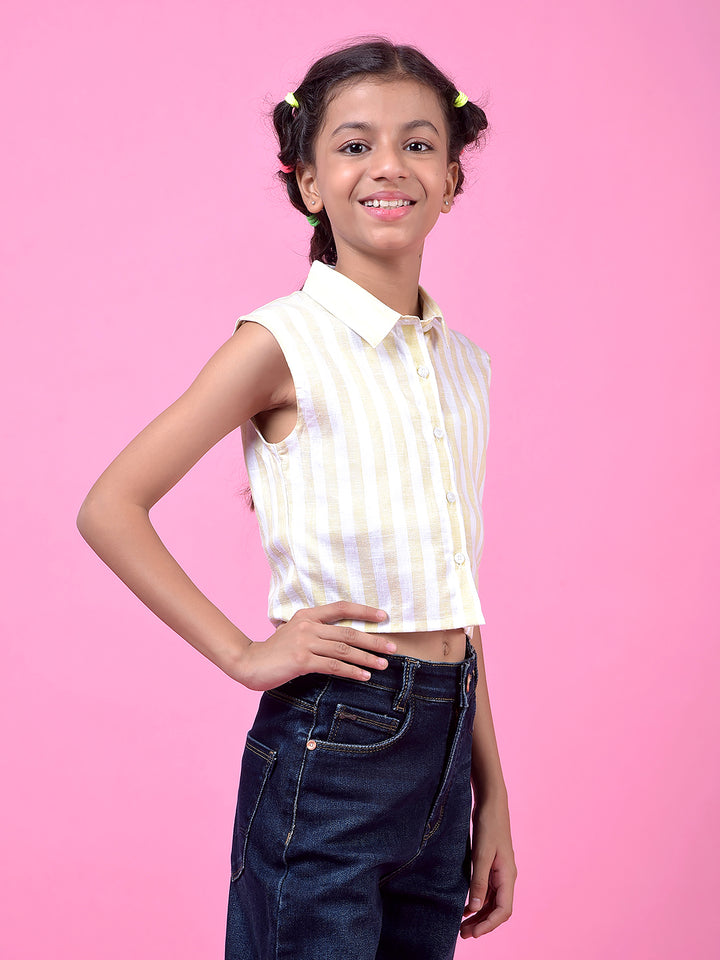 Yellow Vertical Stripes Cropped Sleeveless Linen Shirt-Girls Shirts-Crimsoune Club