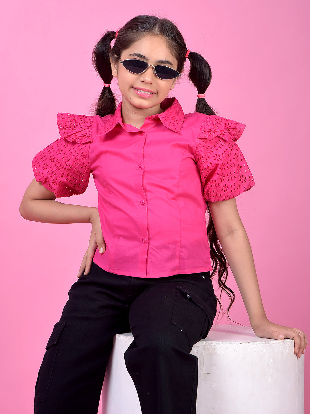 Pink Embroidered 100% Cotton Shirt-Girls Shirts-Crimsoune Club