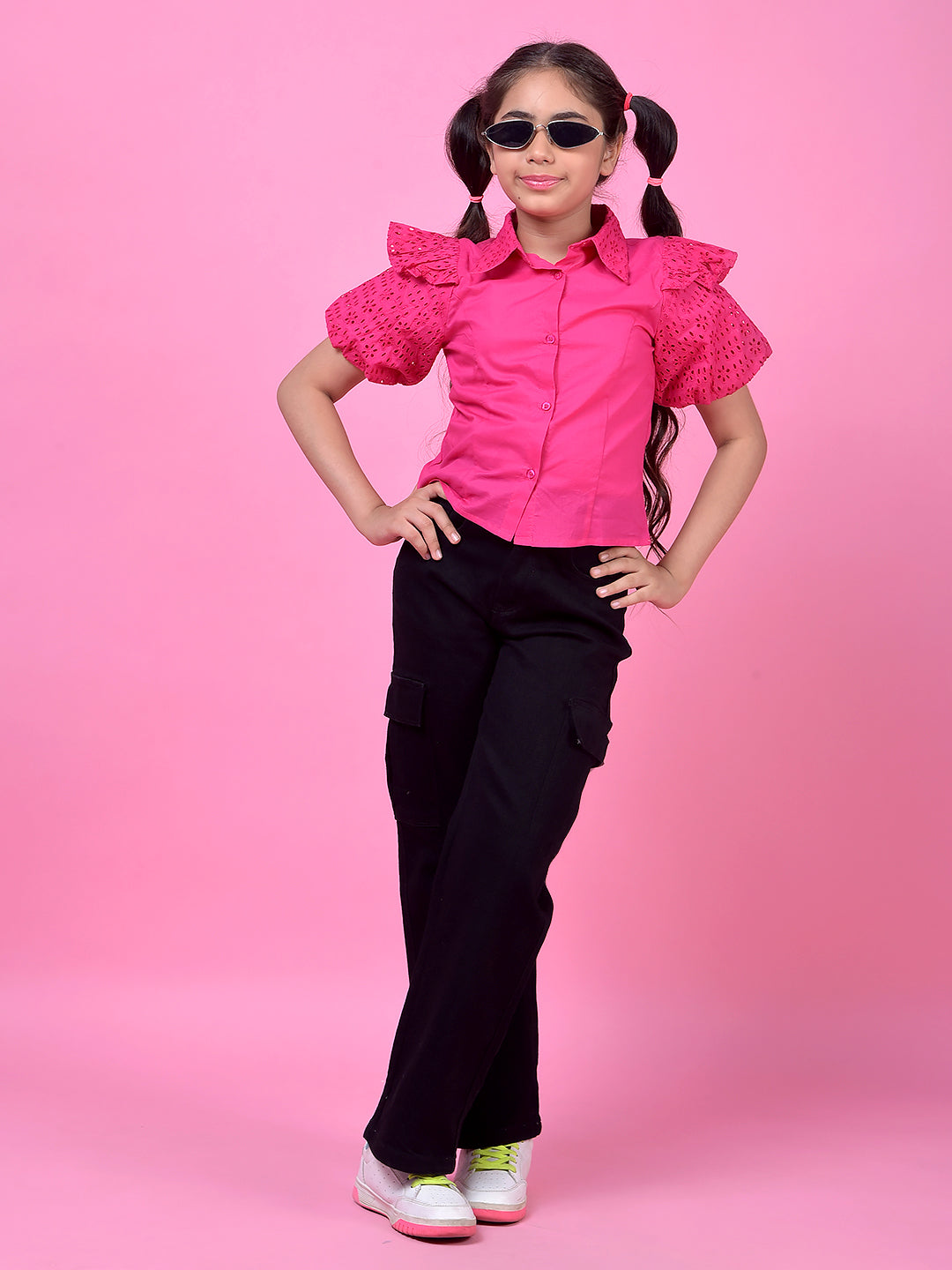Pink Embroidered 100% Cotton Shirt-Girls Shirts-Crimsoune Club