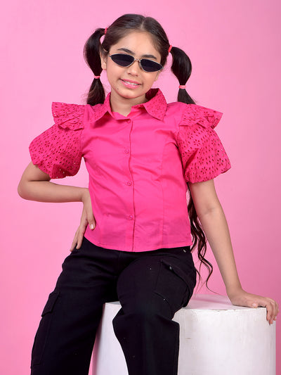 Pink Embroidered 100% Cotton Shirt-Girls Shirts-Crimsoune Club