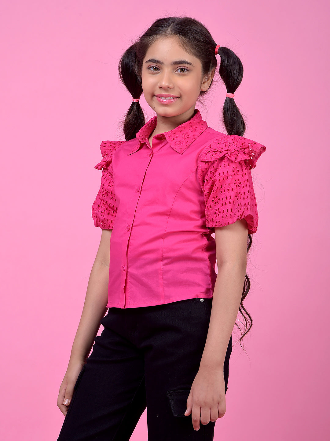 Pink Embroidered 100% Cotton Shirt-Girls Shirts-Crimsoune Club