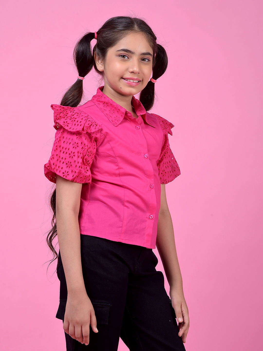 Pink Embroidered 100% Cotton Shirt-Girls Shirts-Crimsoune Club