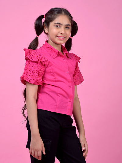Pink Embroidered 100% Cotton Shirt-Girls Shirts-Crimsoune Club