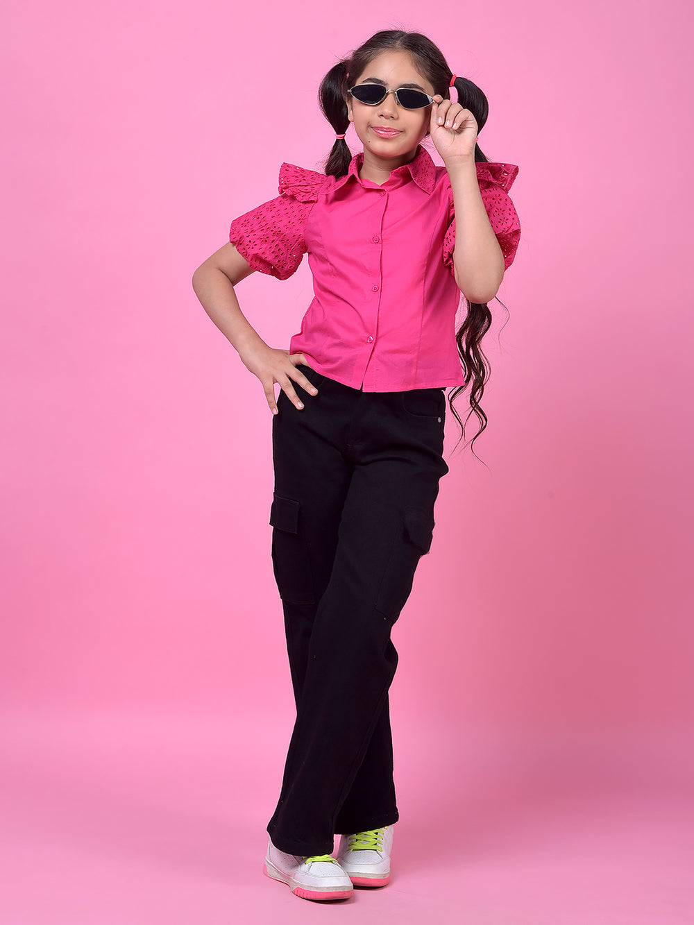 Pink Embroidered 100% Cotton Shirt-Girls Shirts-Crimsoune Club