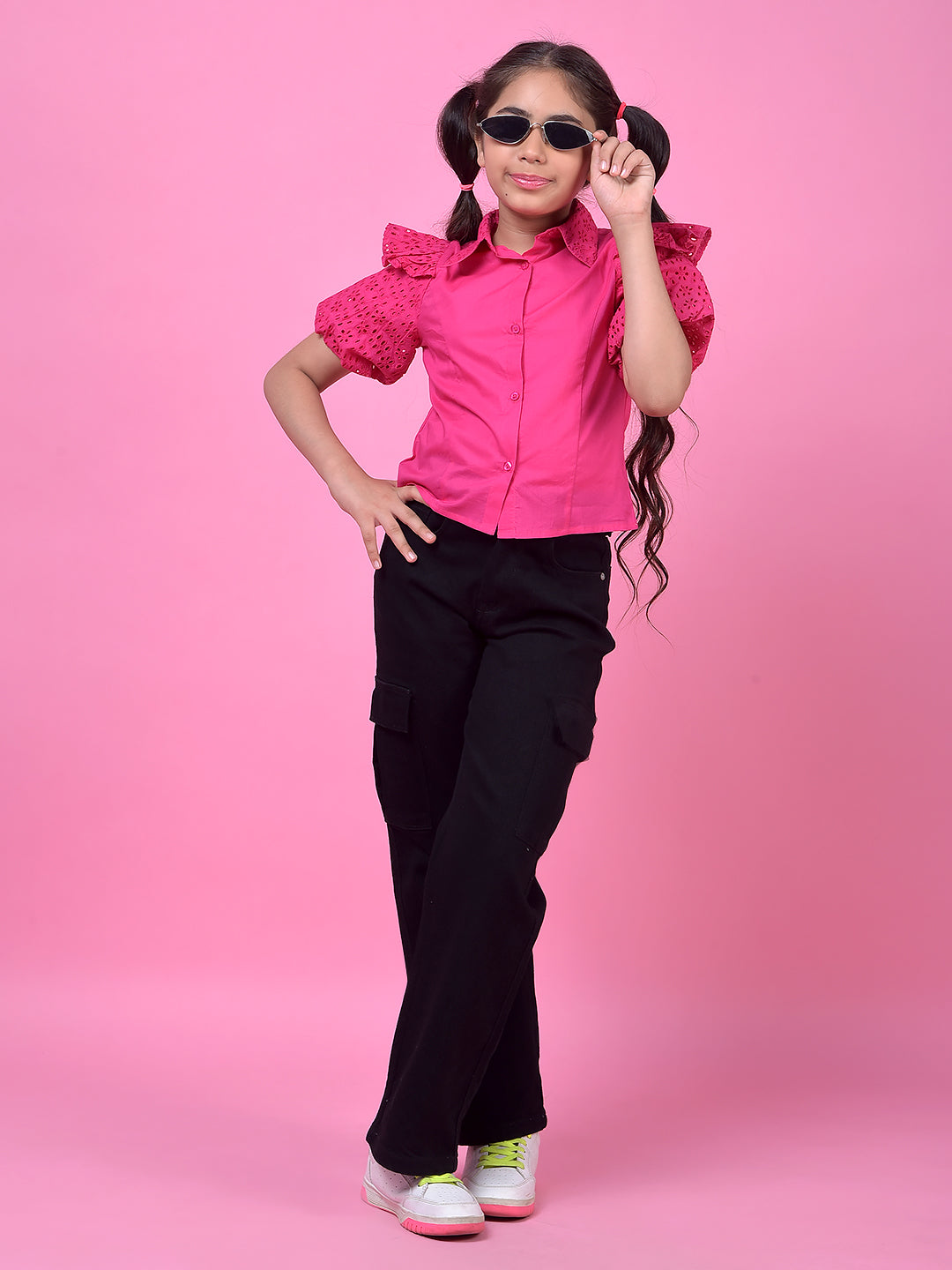 Pink Embroidered 100% Cotton Shirt-Girls Shirts-Crimsoune Club