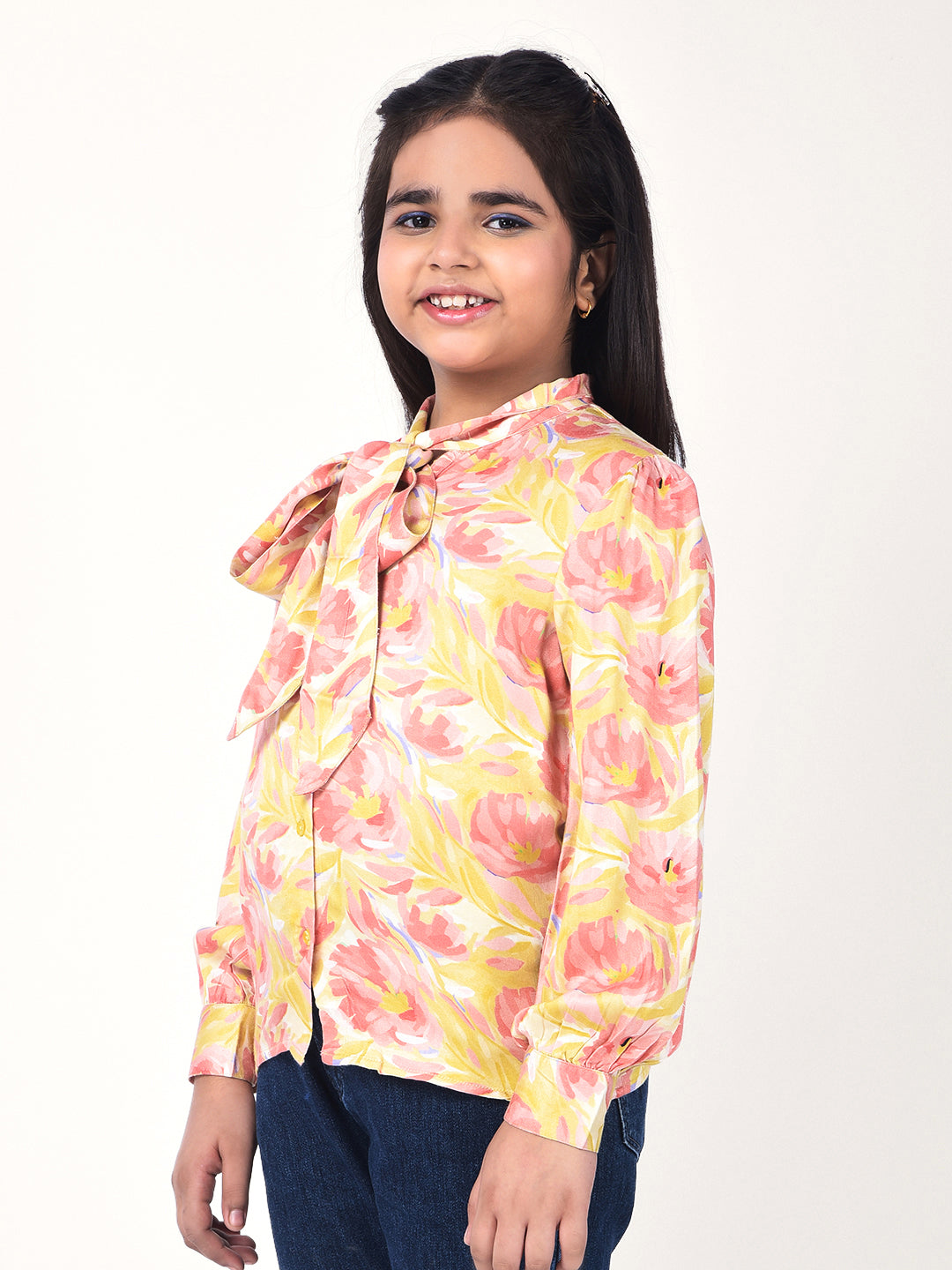 Orange Floral Print Tie-Up Neck Shirt-Girls Shirts-Crimsoune Club