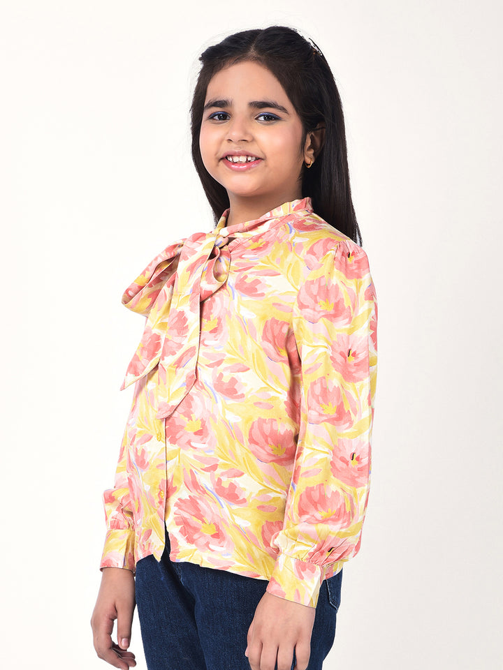 Orange Floral Print Tie-Up Neck Shirt-Girls Shirts-Crimsoune Club