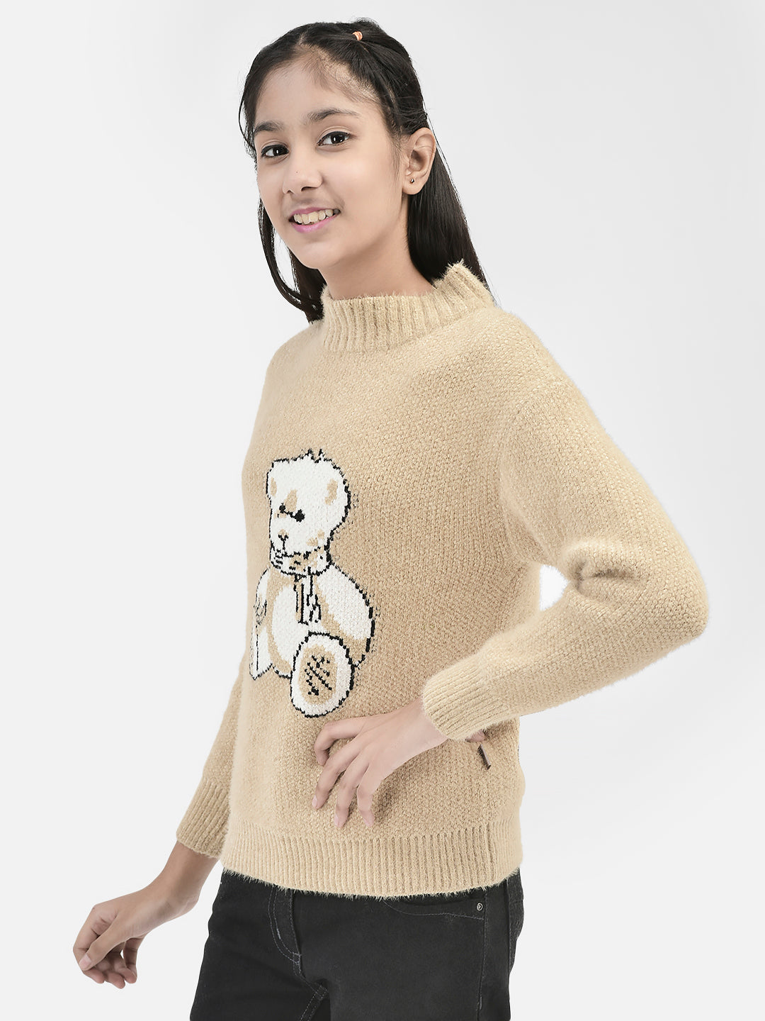 Beige Printed Sweater-Girls Sweaters-Crimsoune Club