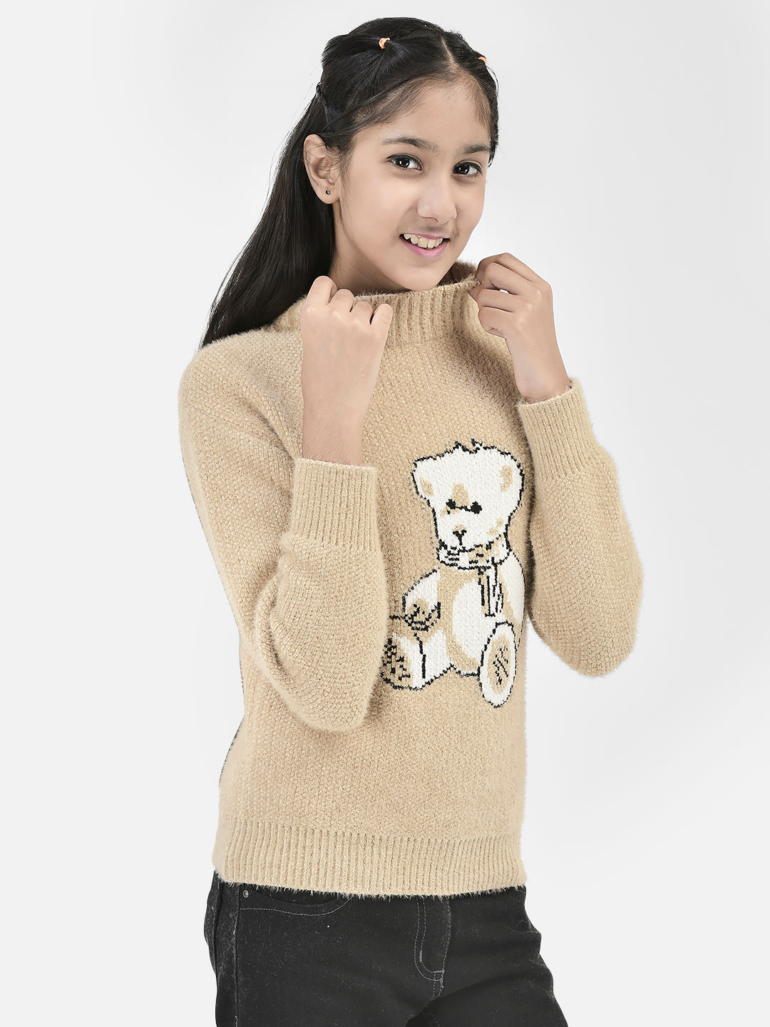 Beige Printed Sweater-Girls Sweaters-Crimsoune Club