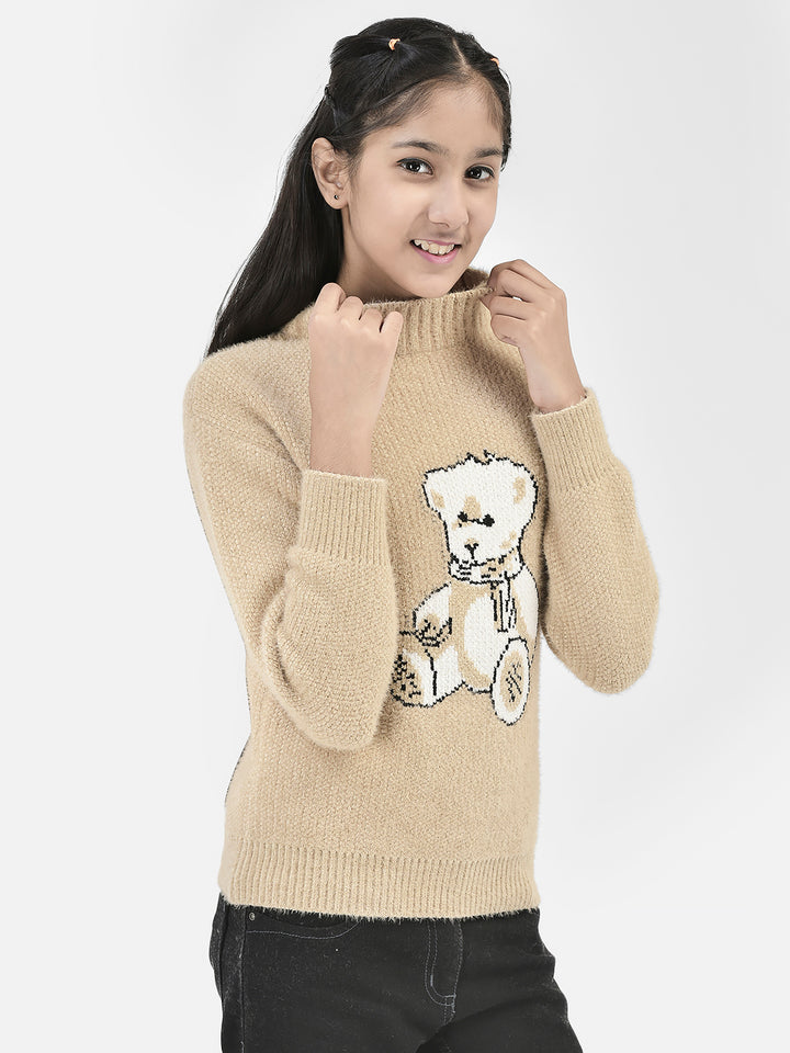 Beige Printed Sweater-Girls Sweaters-Crimsoune Club