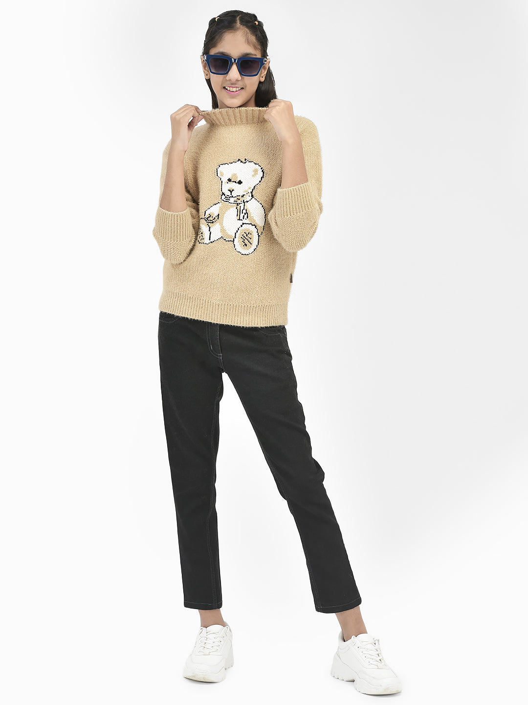 Beige Printed Sweater-Girls Sweaters-Crimsoune Club