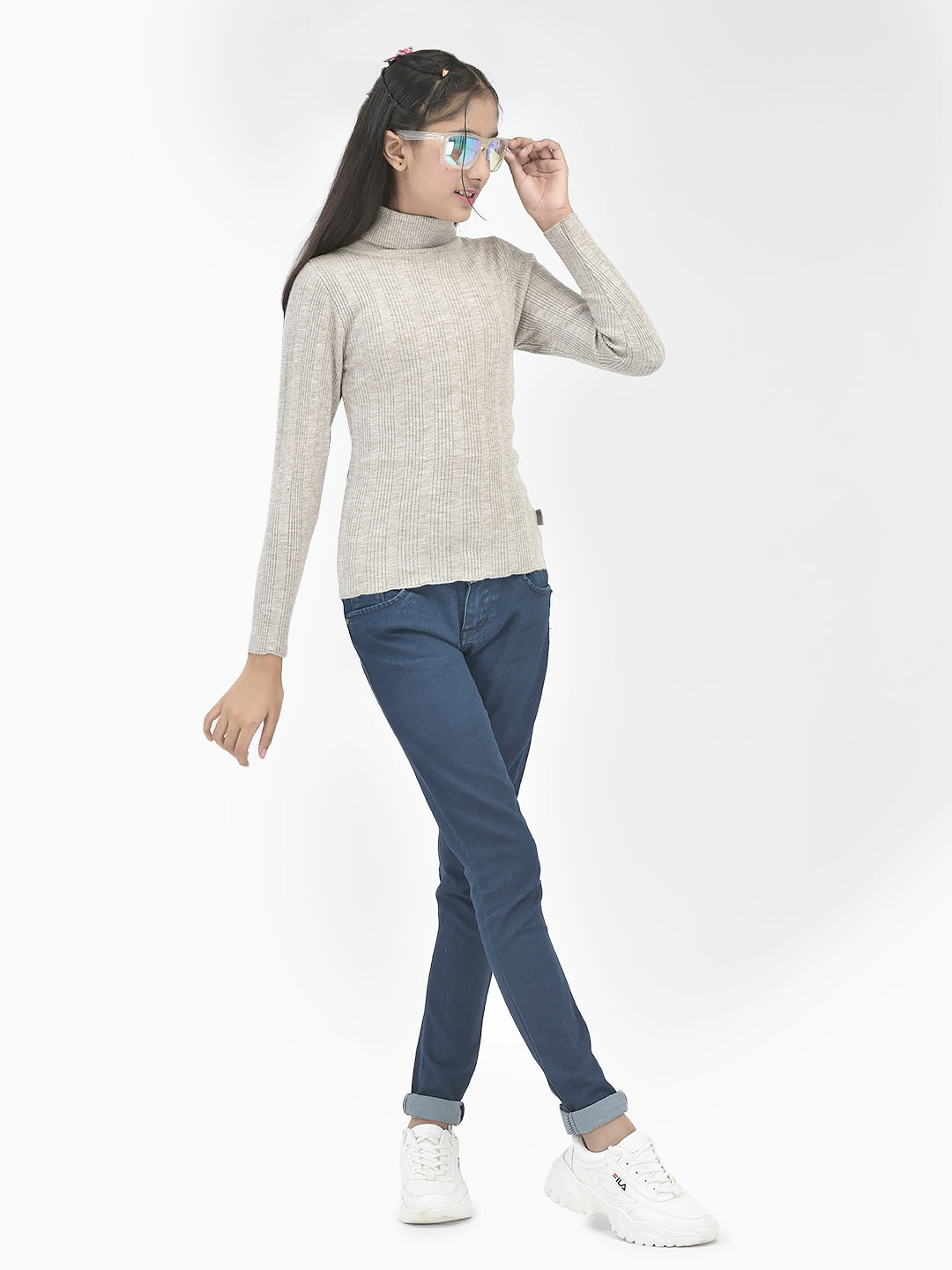 Grey Striped Sweater-Girls Sweaters-Crimsoune Club