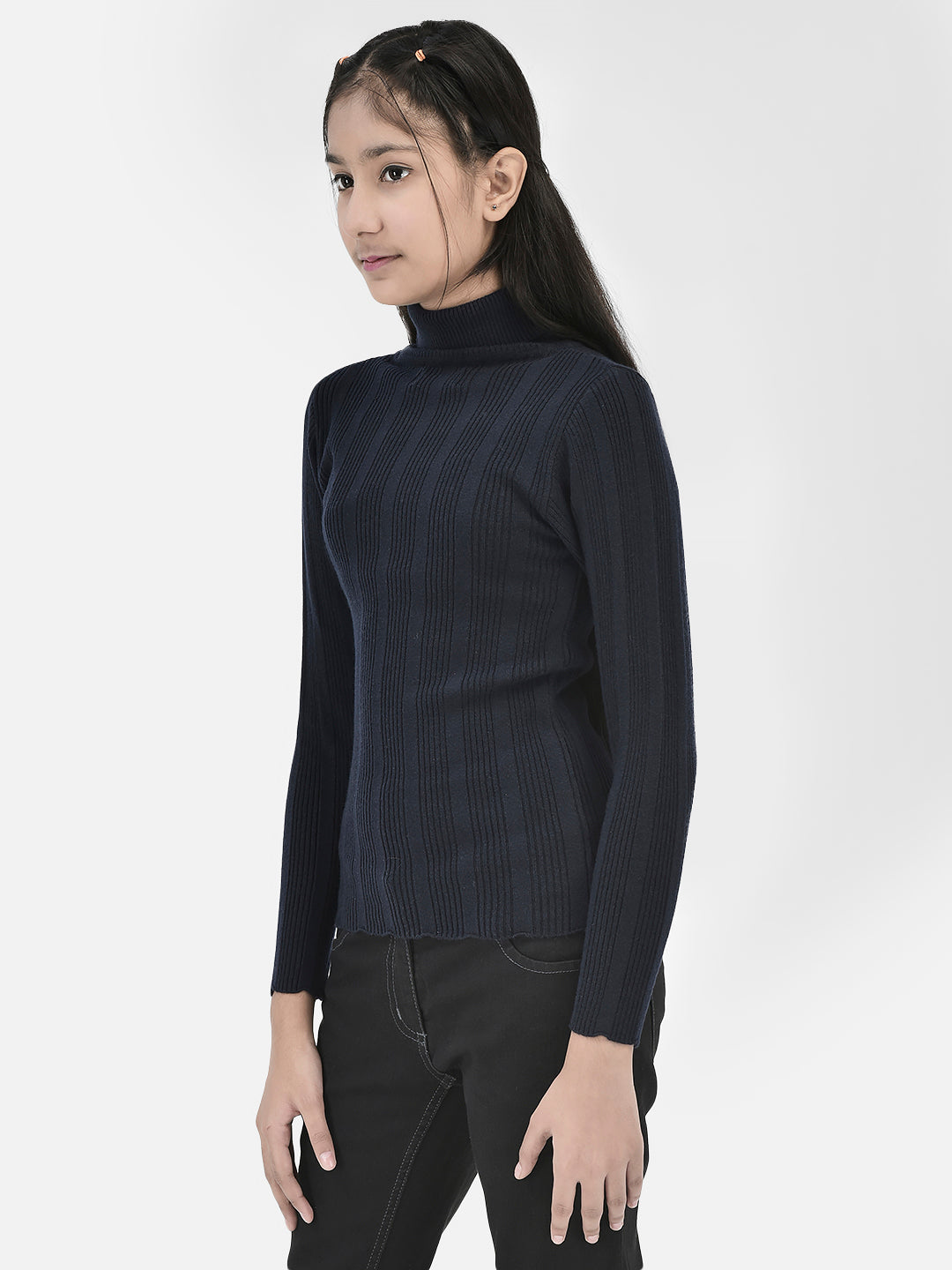 Navy Blue Striped Sweater-Girls Sweaters-Crimsoune Club