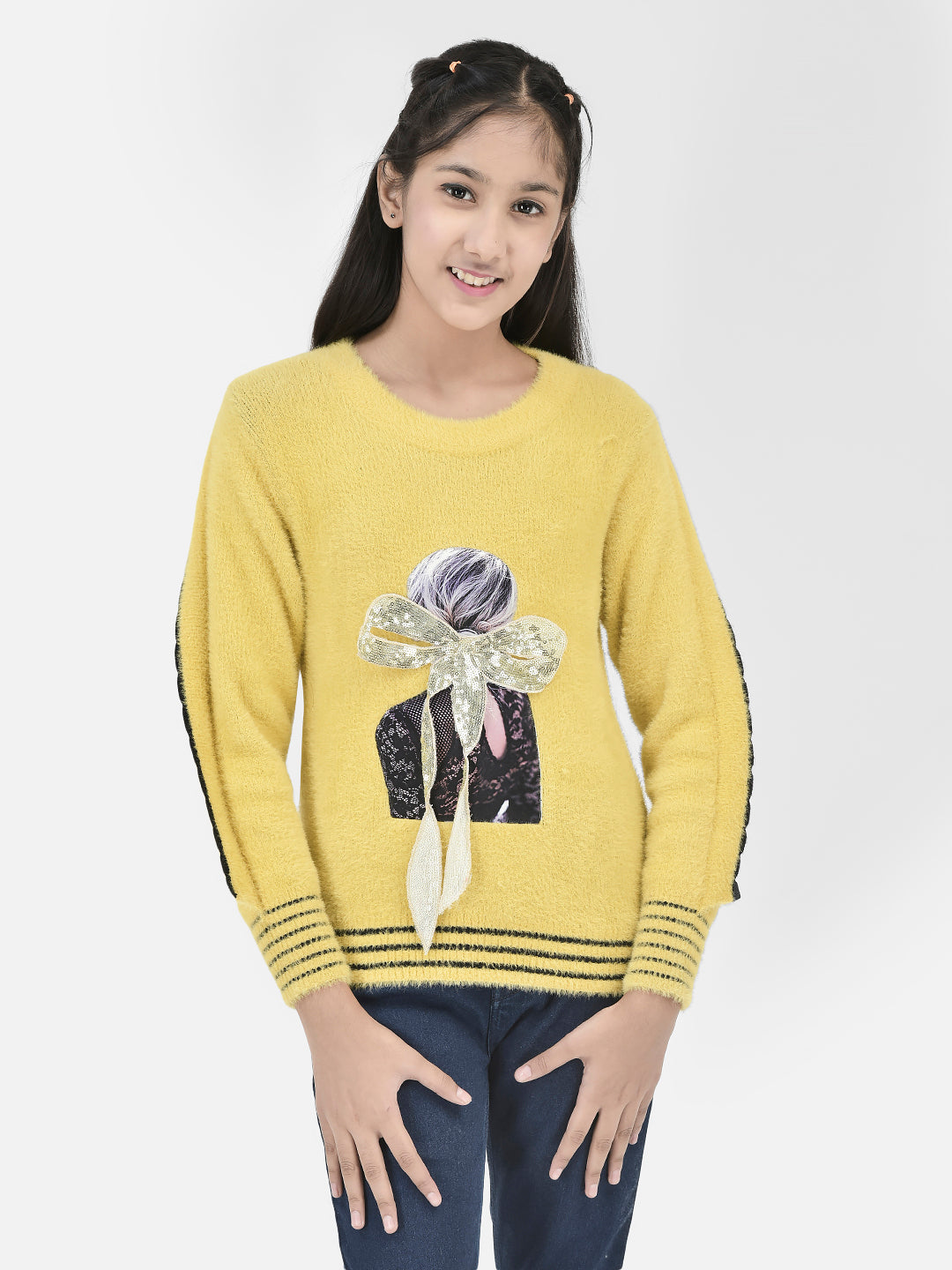 Yellow Printed Sweater-Girls Sweaters-Crimsoune Club