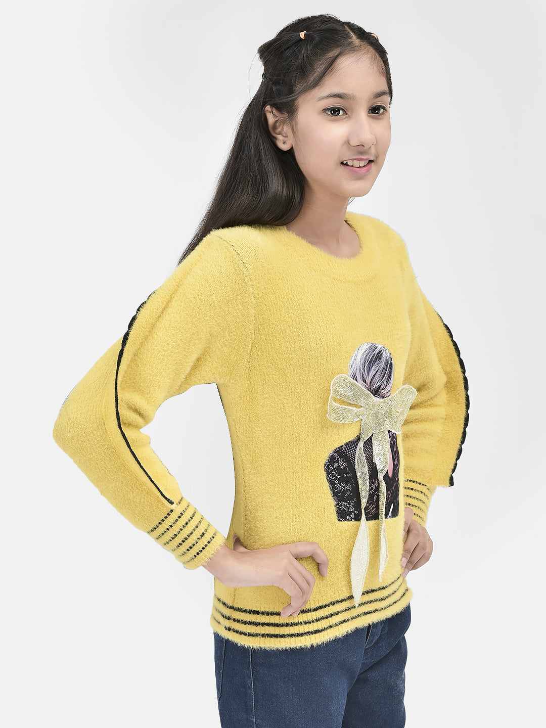 Yellow Printed Sweater-Girls Sweaters-Crimsoune Club