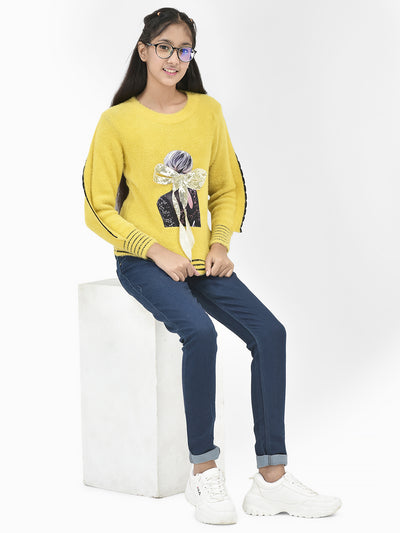 Yellow Printed Sweater-Girls Sweaters-Crimsoune Club