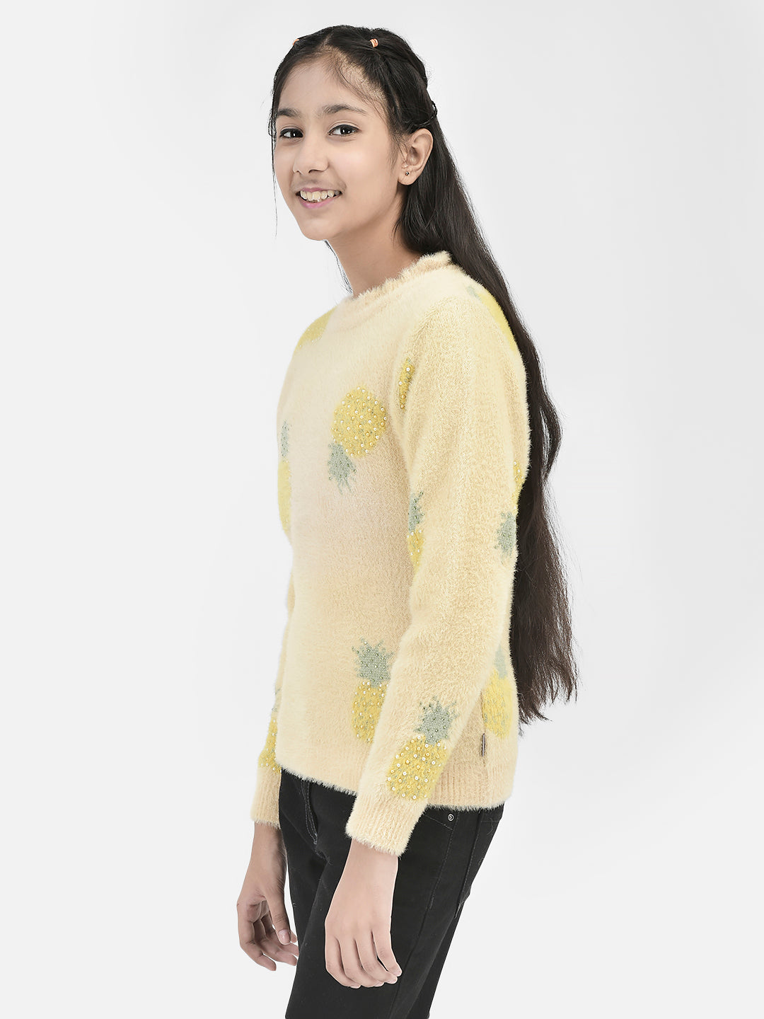 Beige Pearl Studded Sweater-Girls Sweaters-Crimsoune Club