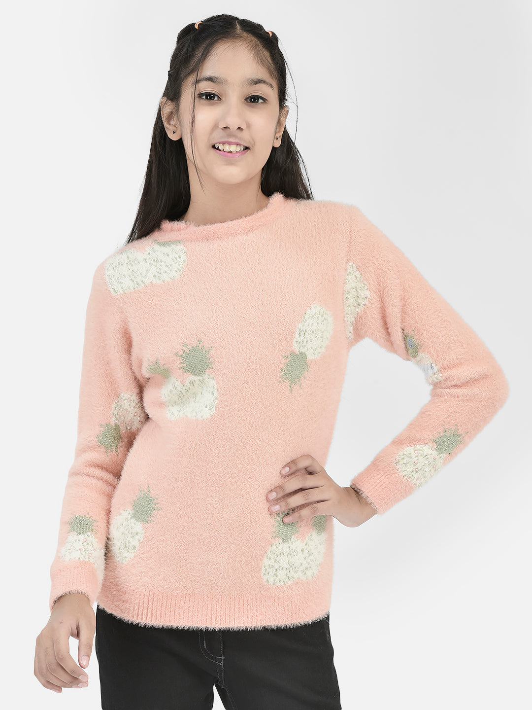 Peach Pearl Studded Sweater-Girls Sweaters-Crimsoune Club