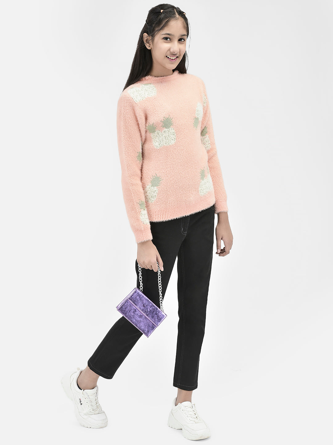 Peach Pearl Studded Sweater-Girls Sweaters-Crimsoune Club