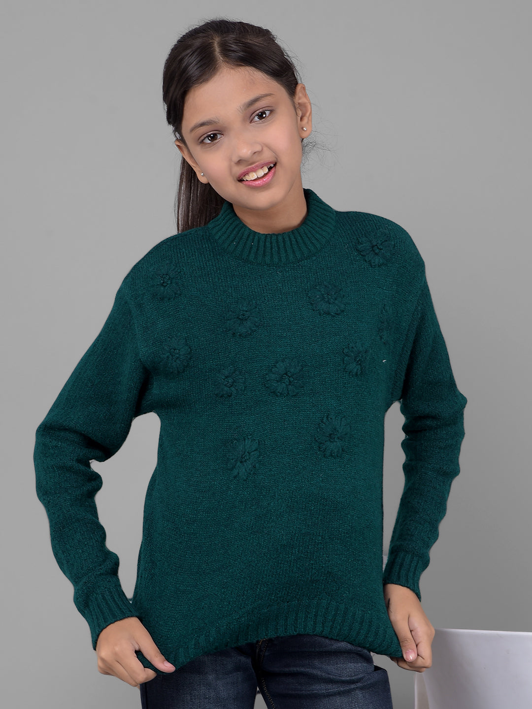 Green Printed Sweater-Girls Sweaters-Crimsoune Club