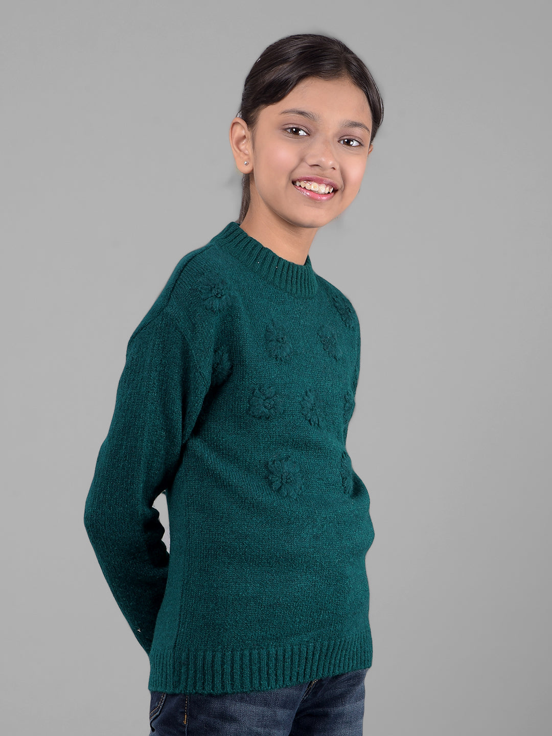 Green Printed Sweater-Girls Sweaters-Crimsoune Club